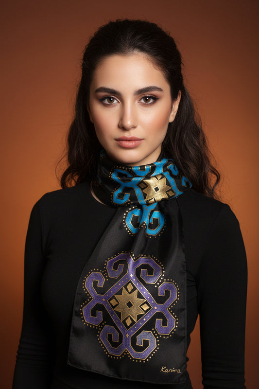 74-14 in Hand painted Armenian silk scarf, Long black gold scarf, Evening dress scarf, Armenian bird ornament