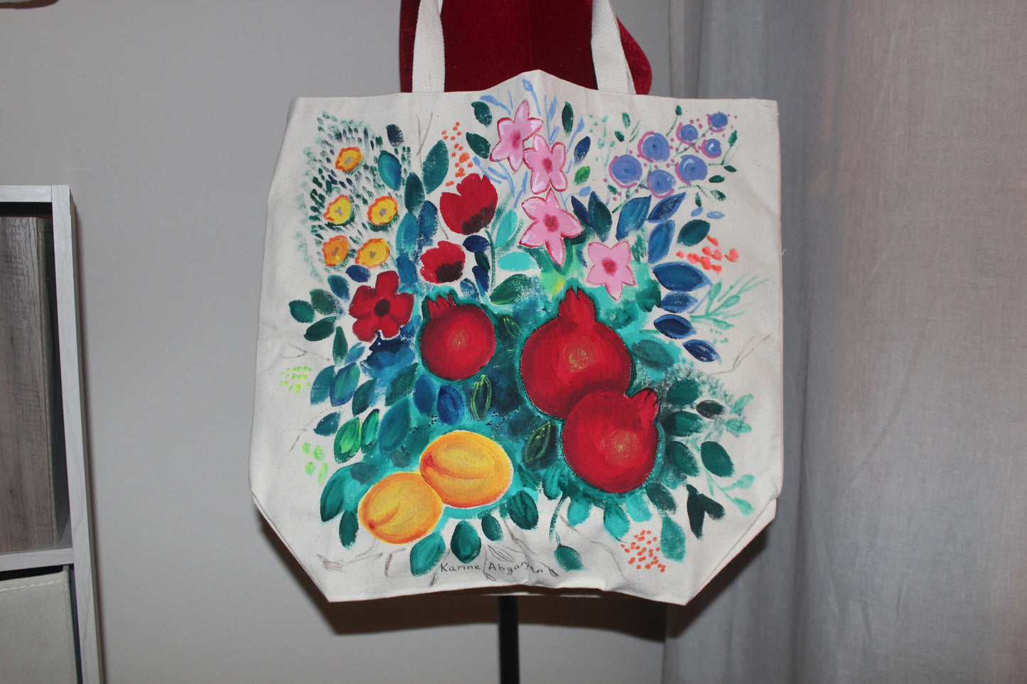 Hand painted heavy duty extra large pomegranate tote bag, grocery bag