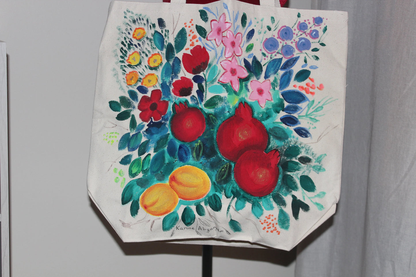 Hand painted heavy duty extra large pomegranate tote bag, grocery bag