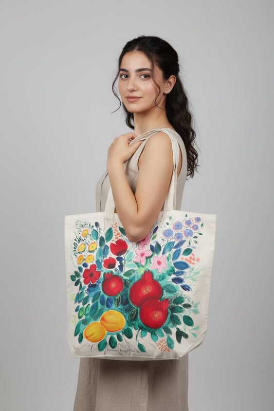 Hand painted heavy duty extra large pomegranate tote bag, grocery bag