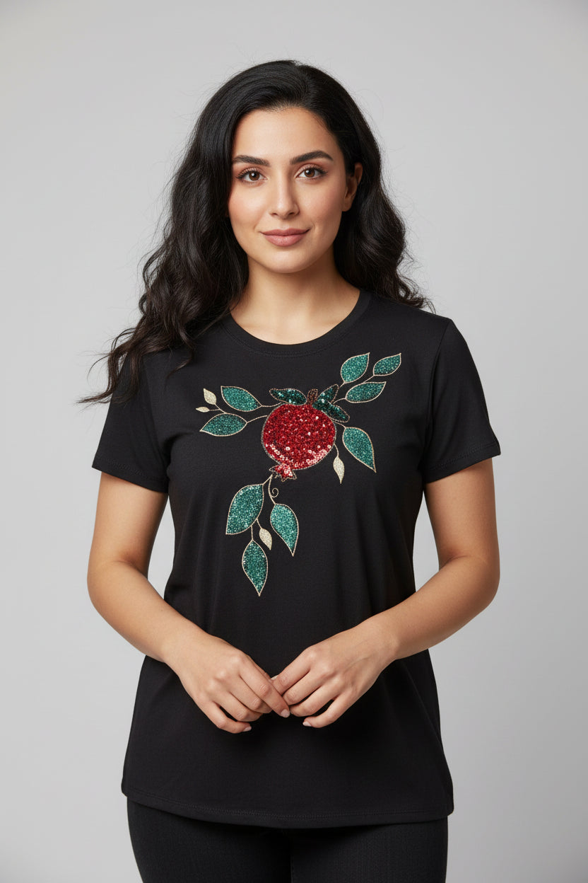 Hand painted and hand made  pomegranate t shirt, Beaded Rhinestones  Pomegranate Sequin Applique