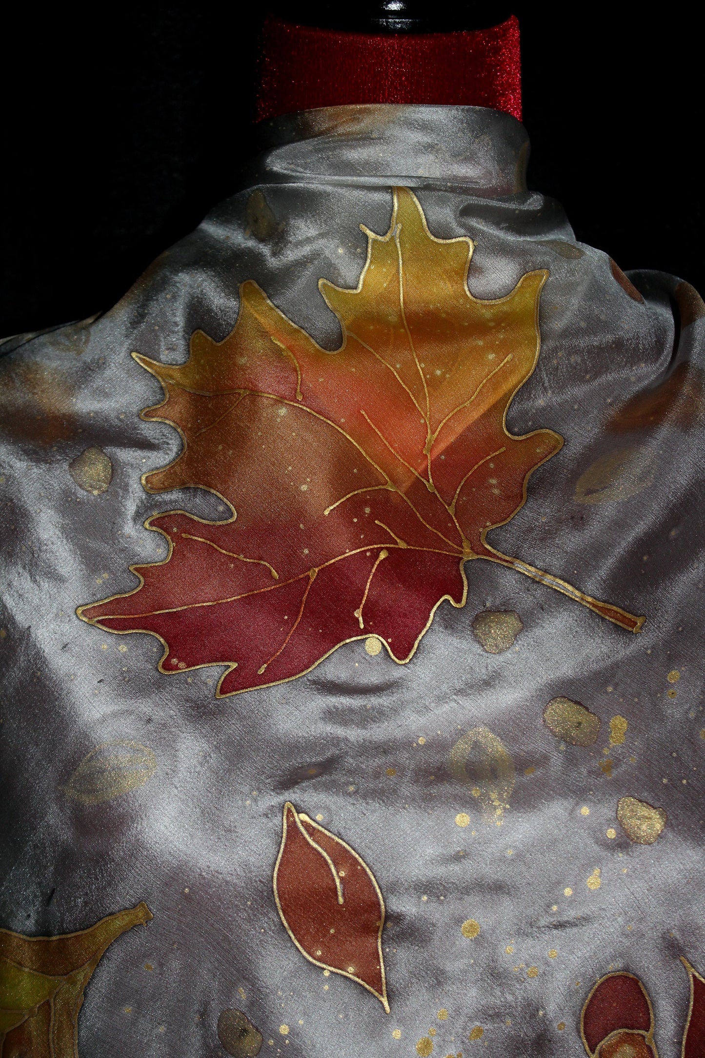 Hand painted fall silk scarf, Gold acorns and leaves