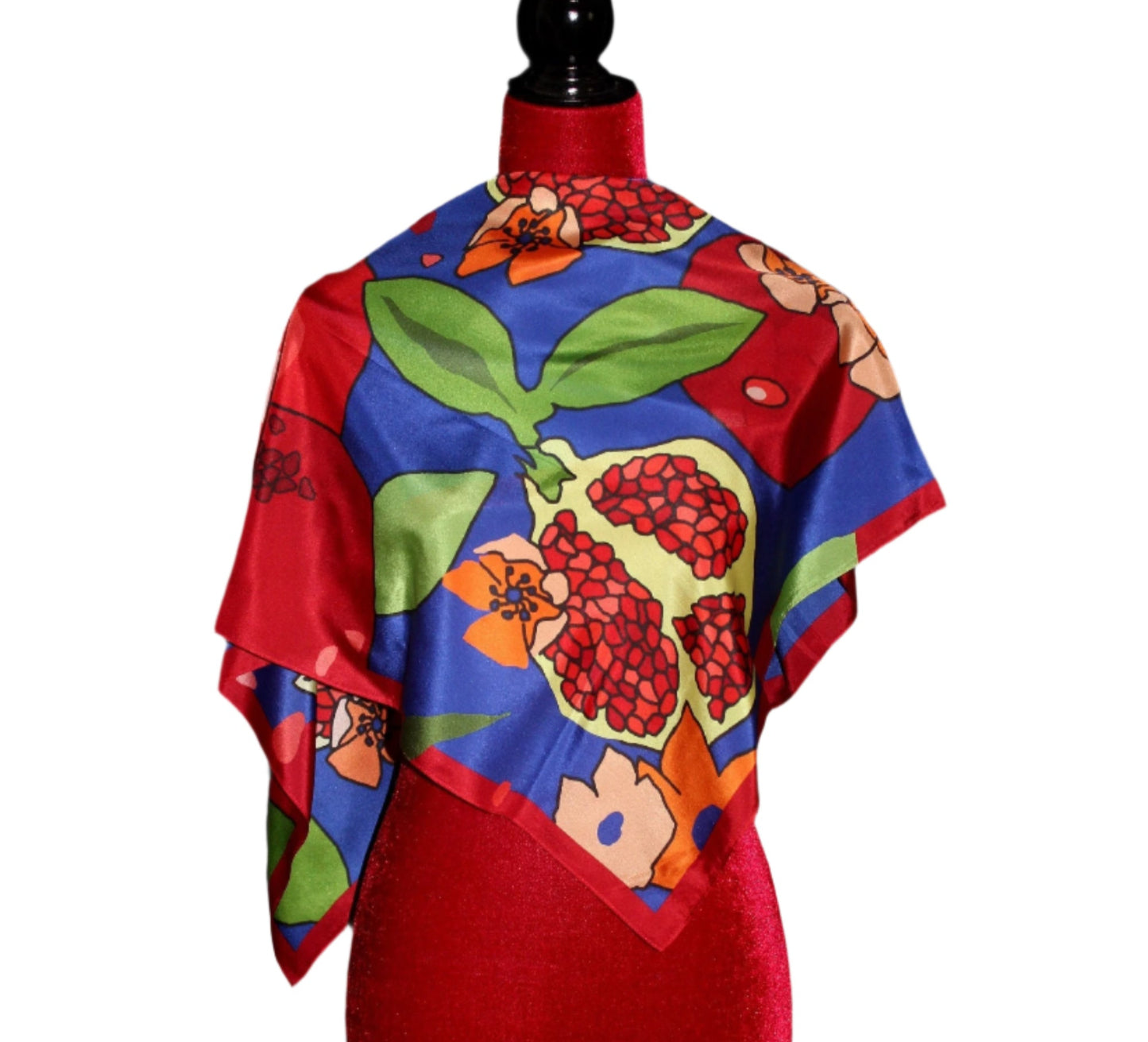 100% silk Luxury pomegranate scarf, Navy blue red, Square silk scarf