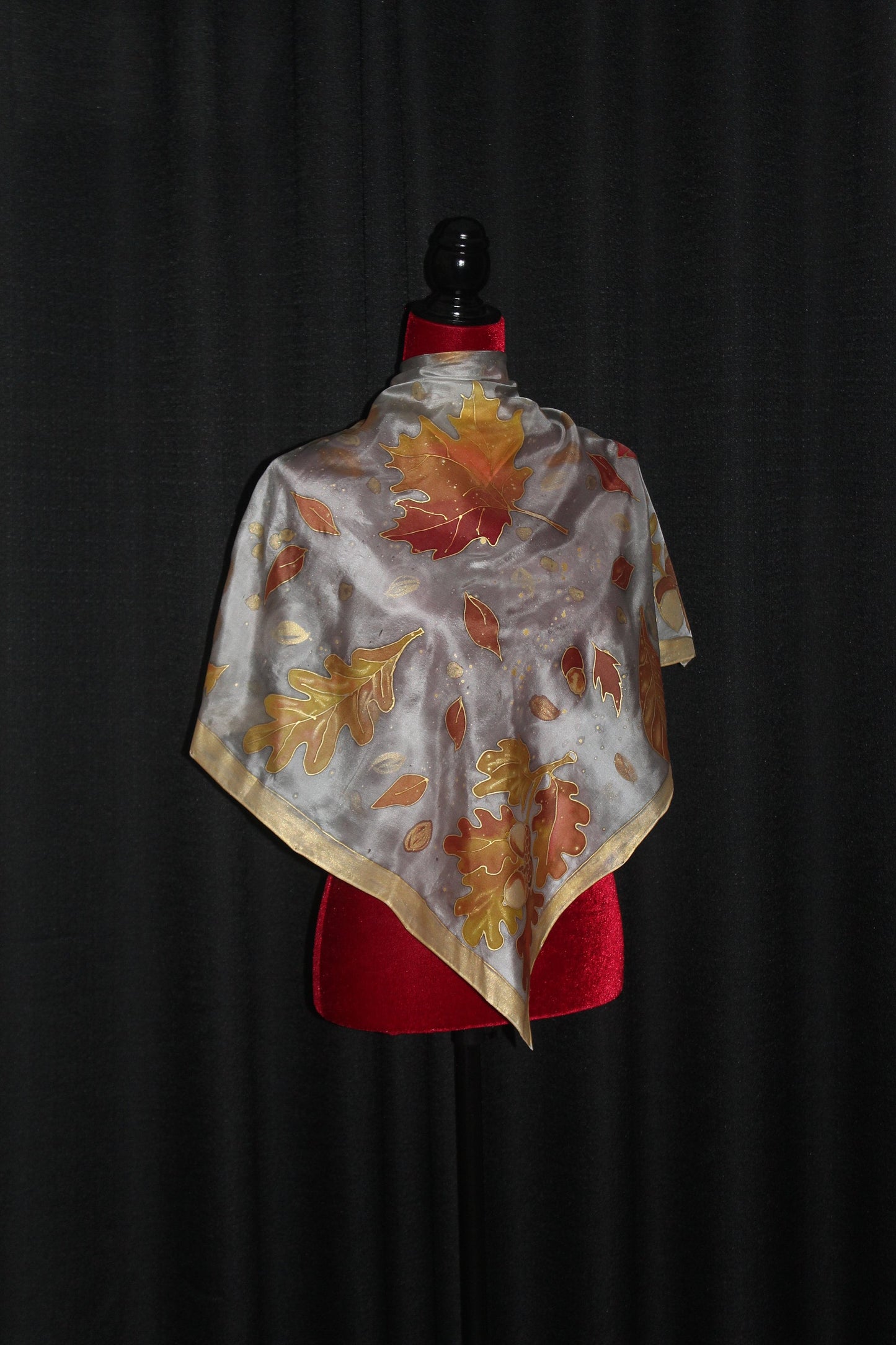 Hand painted fall silk scarf, Gold acorns and leaves