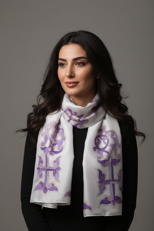 Hand painted cross silk scarf, Armenian cross, baptizing scarf