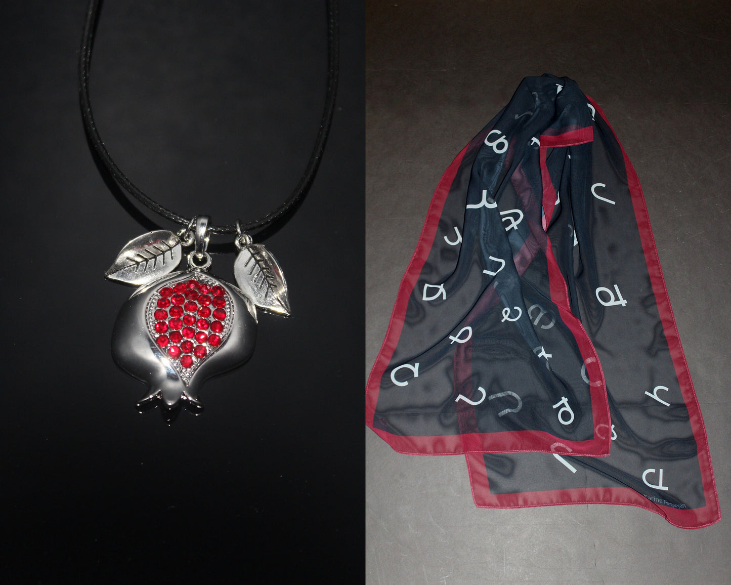 Armenian gift set,  alphabet scarf and pomegranate pendant, 70-17 in long chiffon scarf, perfect gift for Armenian