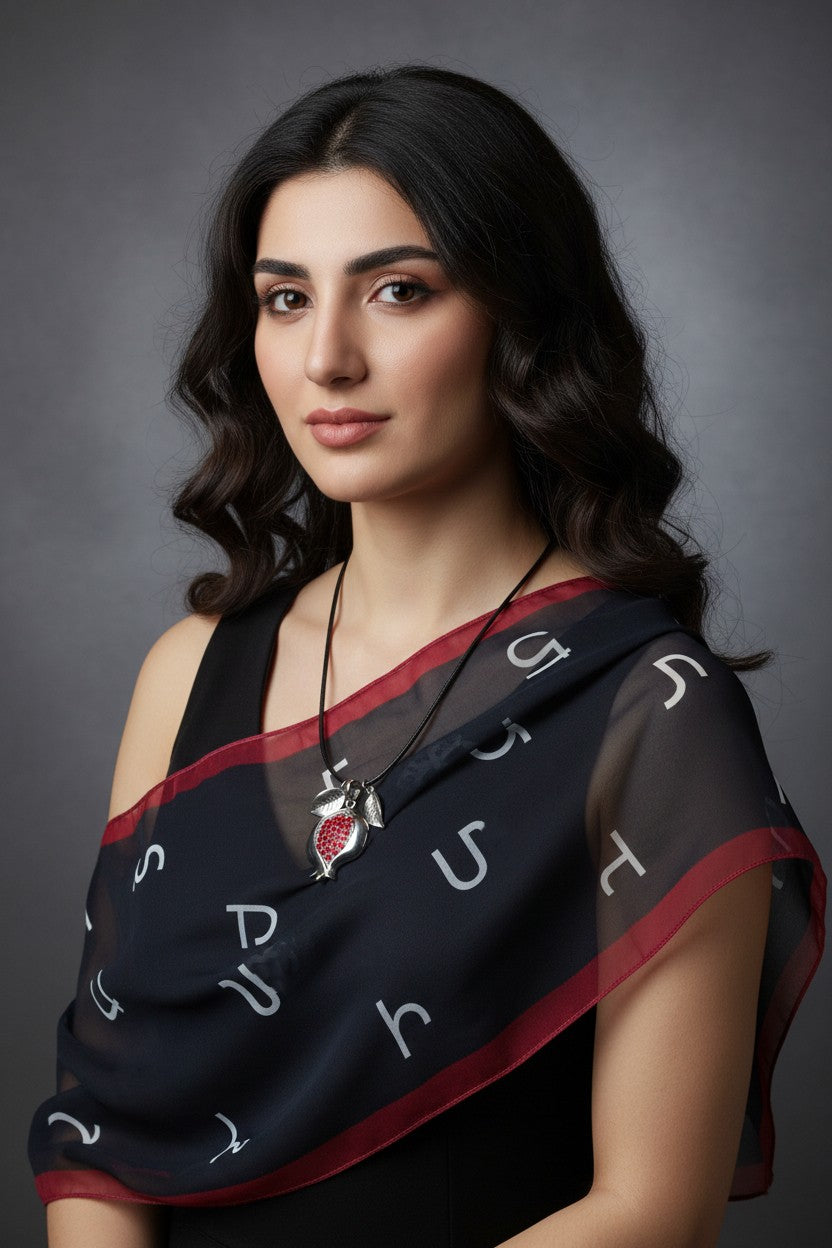 Armenian gift set,  alphabet scarf and pomegranate pendant, 70-17 in long chiffon scarf, perfect gift for Armenian