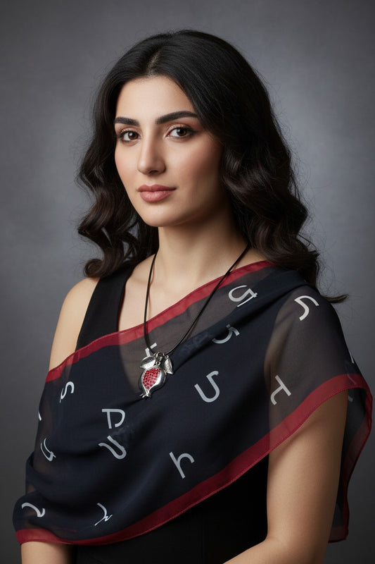 Armenian gift set,  alphabet scarf and pomegranate pendant, 70-17 in long chiffon scarf, perfect gift for Armenian
