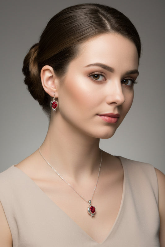925 sterling silver small delicate pomegranate earrings and necklace