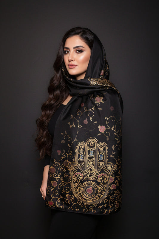 74-14in hand painted hamsa pomegranate silk scarf