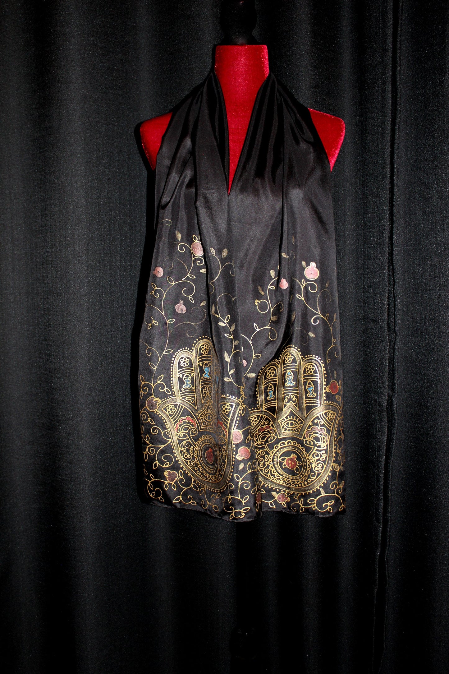 74-14in hand painted hamsa pomegranate silk scarf