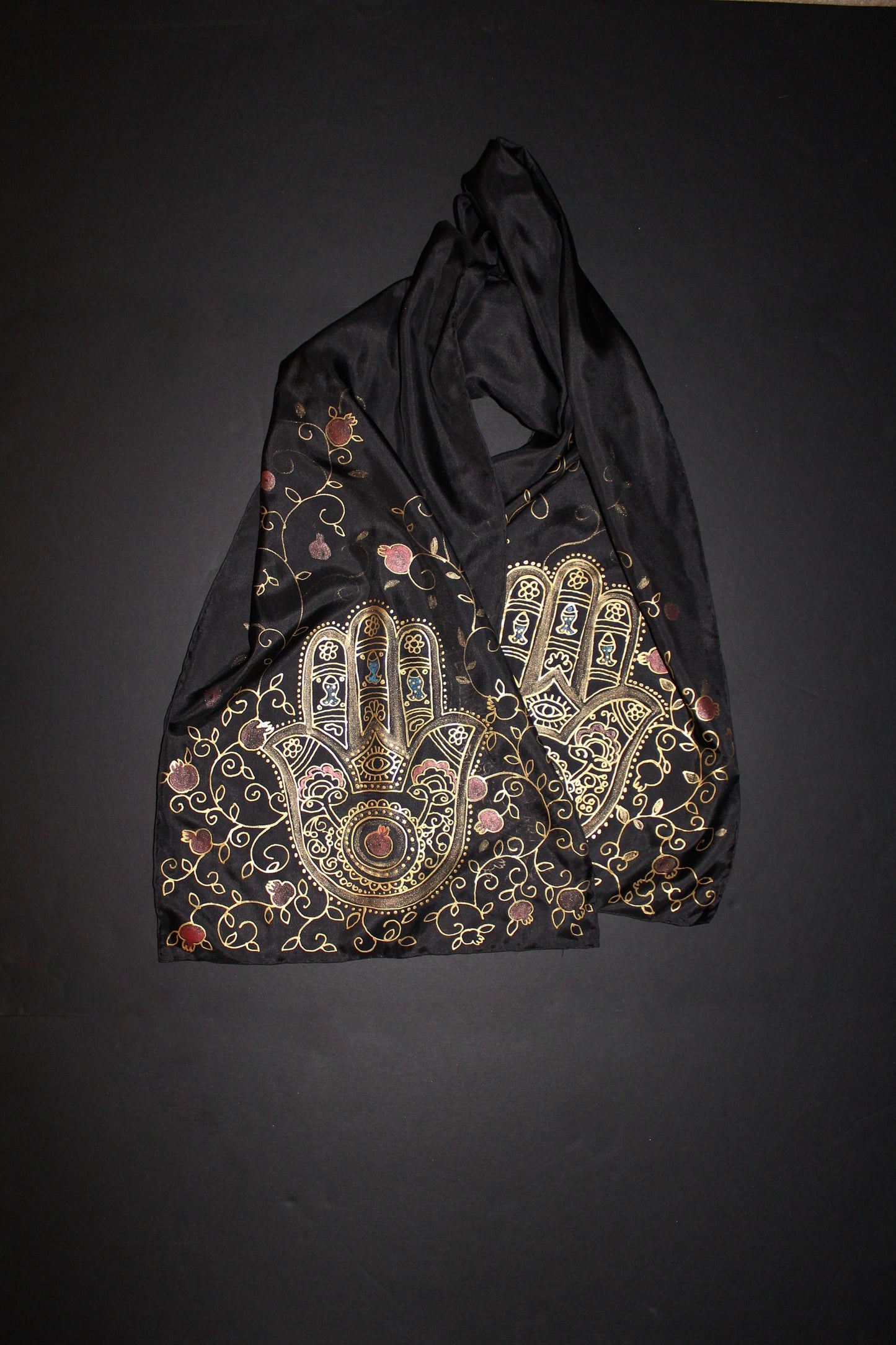 74-14in hand painted hamsa pomegranate silk scarf