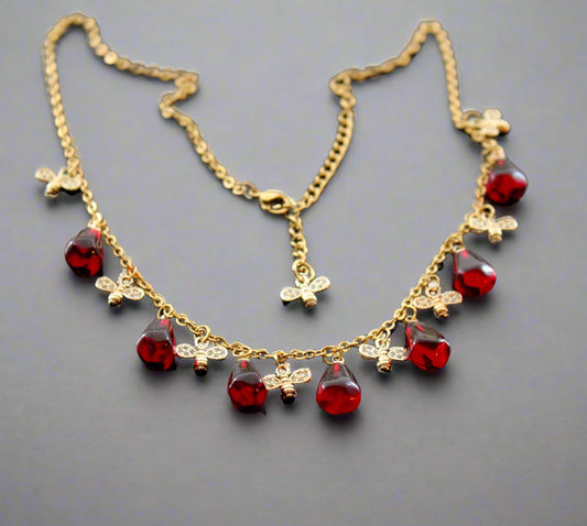 Hand made 14K gold plated Pomegranate seeds  and gold bees jewelry set non tarnish stainless steel colorfast jewelry