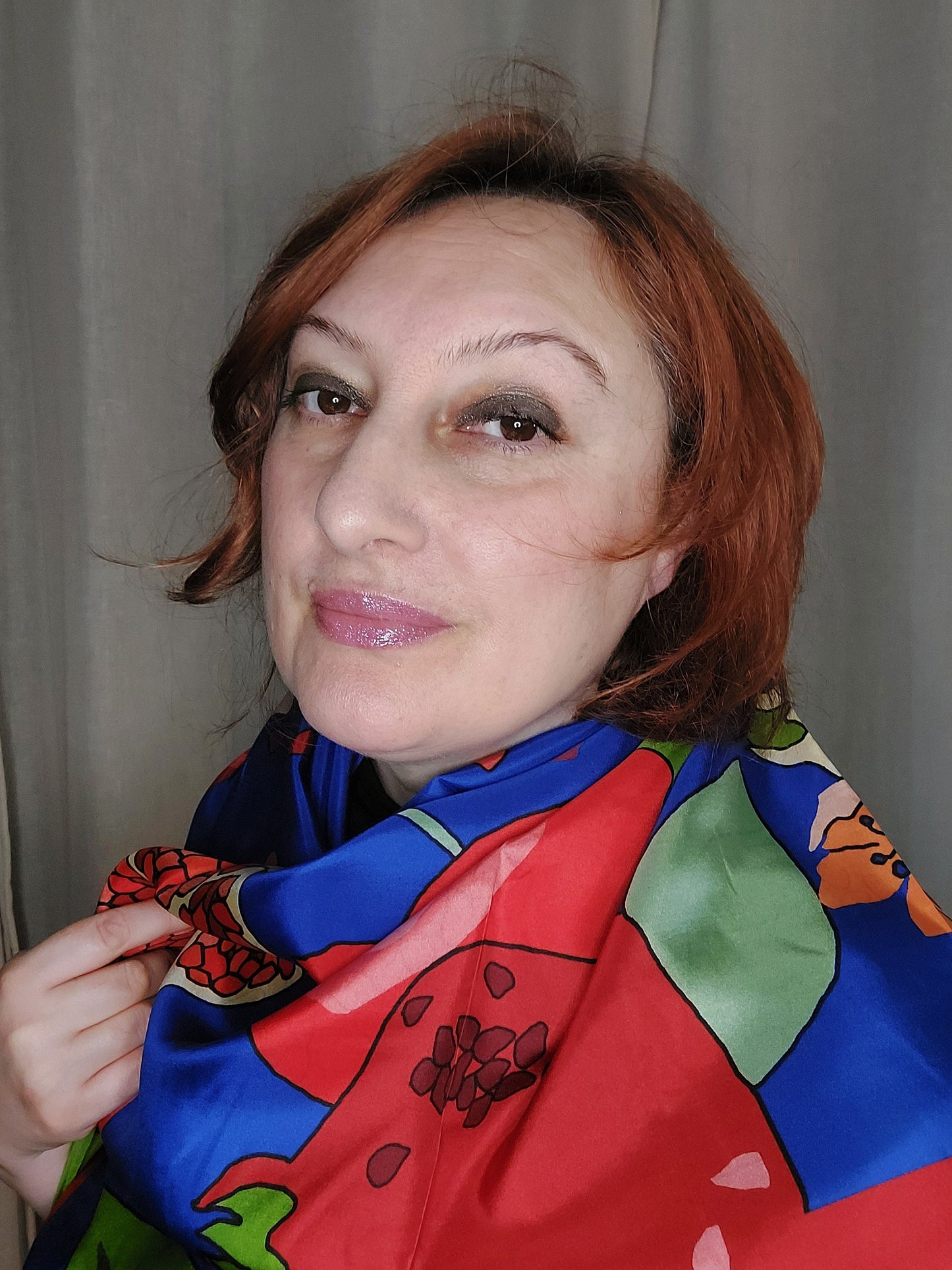 100% silk Luxury pomegranate scarf, Navy blue red, Square silk scarf