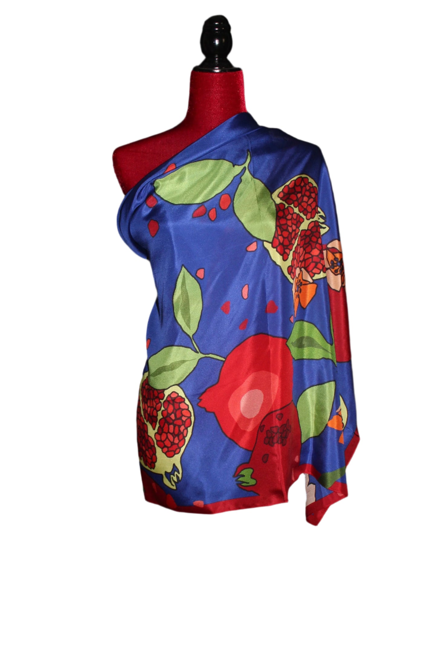 100% silk Luxury pomegranate scarf, Navy blue red, Square silk scarf