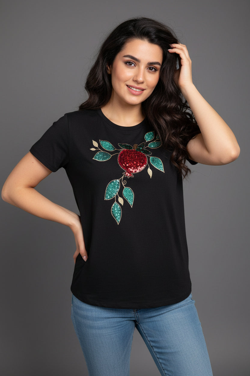 Hand painted and hand made  pomegranate t shirt, Beaded Rhinestones  Pomegranate Sequin Applique