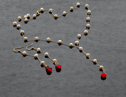 Handmade 18K gold plated stainless steel non tarnish Pomegranate glass seeds jewelry set with natural pearls
