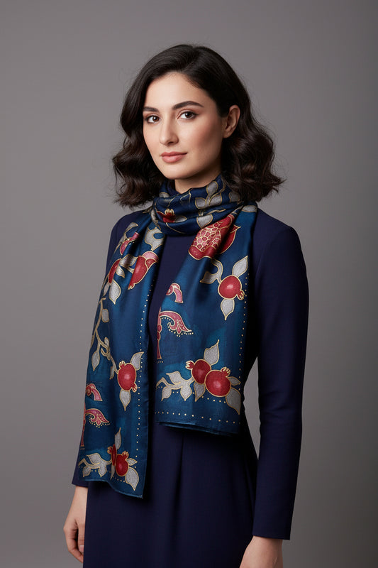 Hand painted Armenian alphabet silk scarf, Armenian bird letter scarf