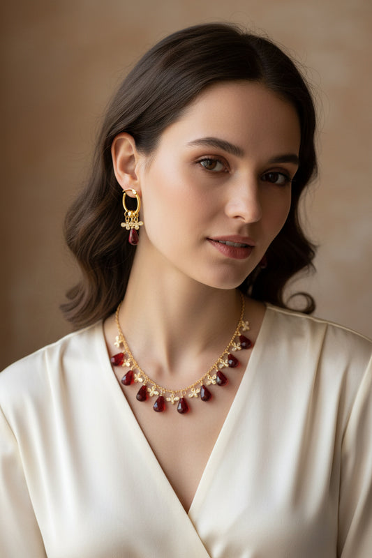 Hand made 14K gold plated Pomegranate seeds  and gold bees jewelry set non tarnish stainless steel colorfast jewelry