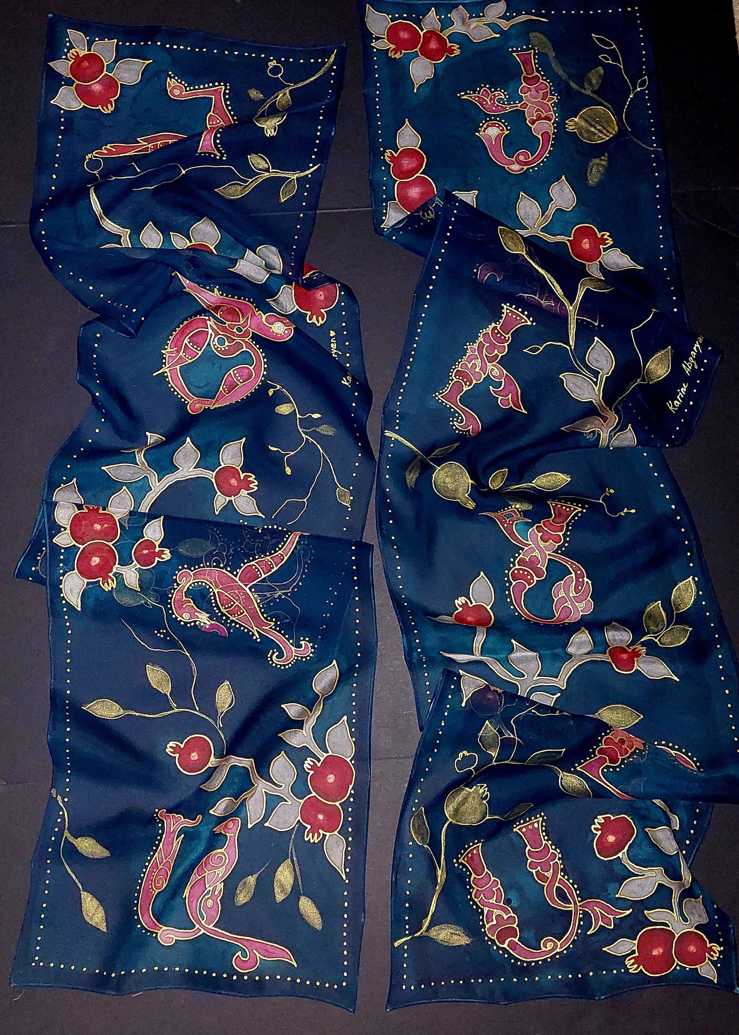 Hand painted Armenian alphabet silk scarf, Armenian bird letter scarf