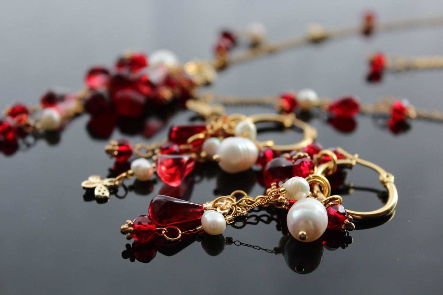 Handmade 18K gold plated stainless steel non tarnish Pomegranate seeds jewelry set with natural pearls