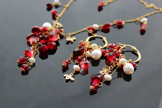 Handmade 18K gold plated stainless steel non tarnish Pomegranate seeds jewelry set with natural pearls