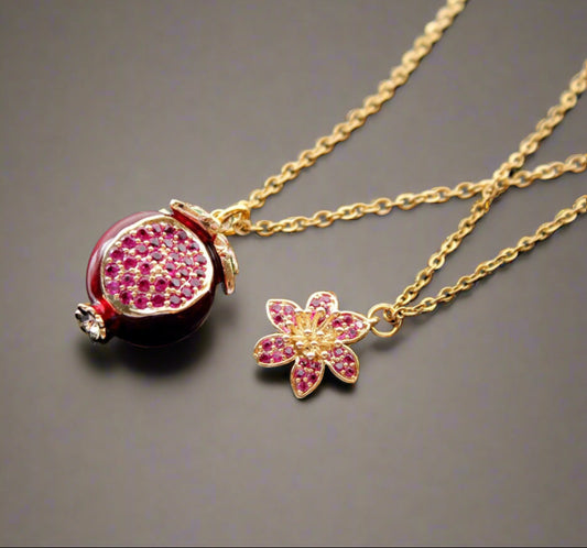 Double  layered necklace pomegranate pendant with cute flower