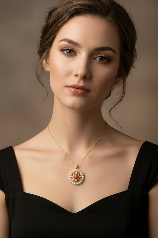 18K gold filled 925 sterling silver natural pearl and coral pendant