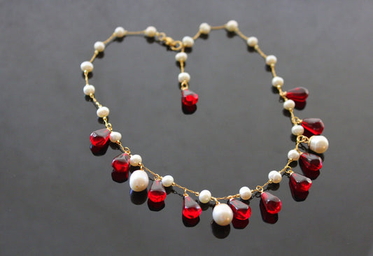 Handmade pomegranate seeds and natural pearl set 18K gold plated stainless steel