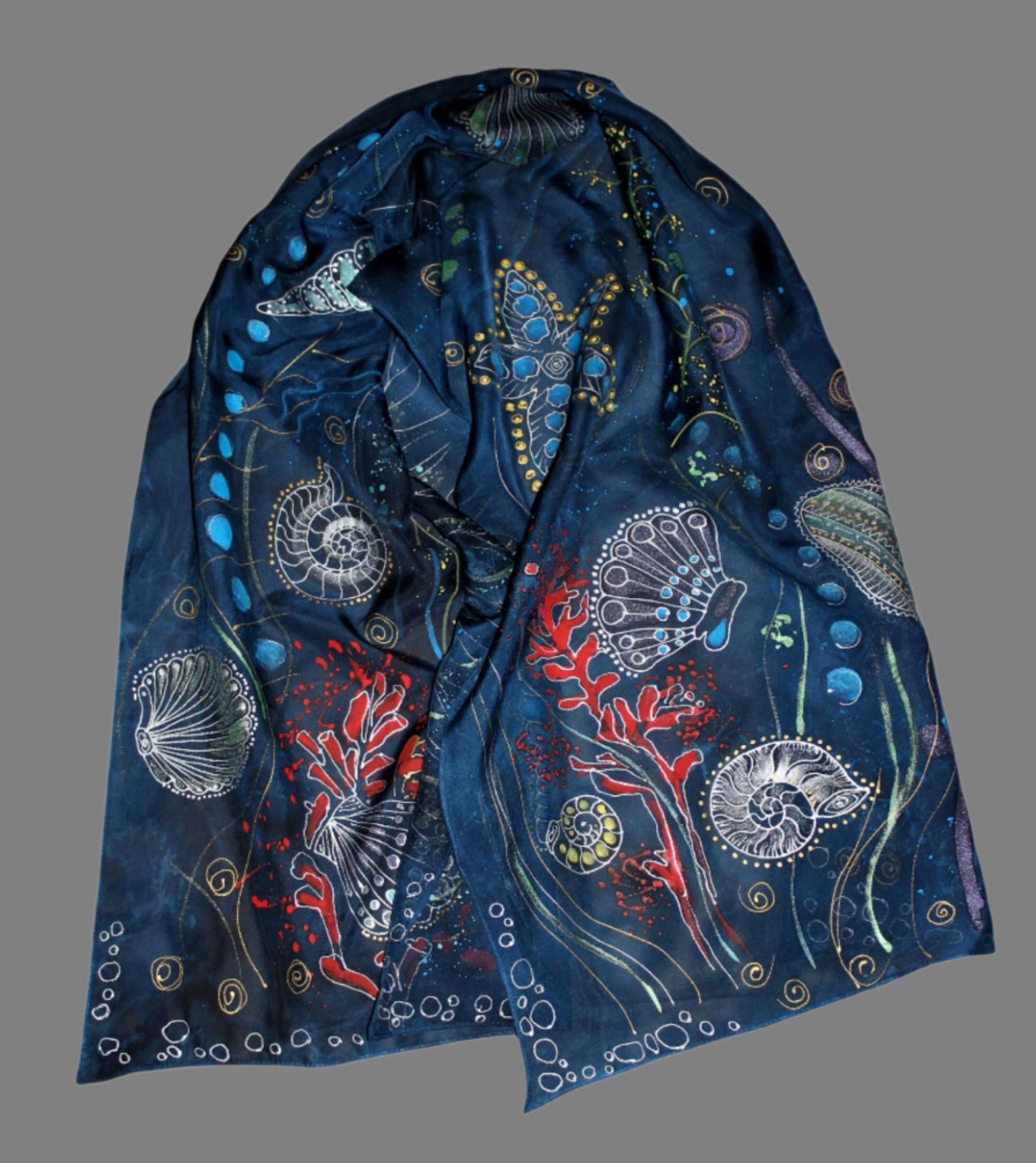 Hand painted and hand dyed silk scarf Dark blue and silver colors Perfect gift for her