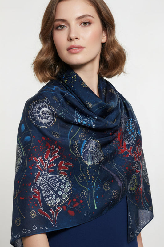 Hand painted and hand dyed silk scarf Dark blue and silver colors Perfect gift for her