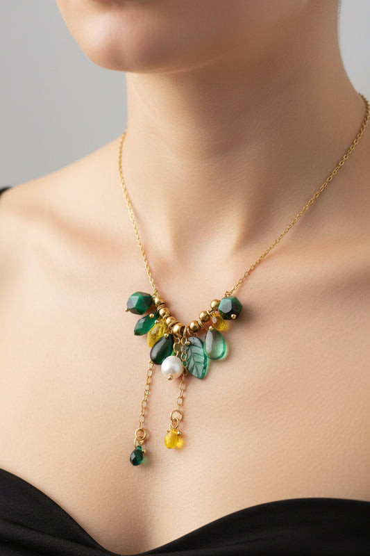 Handmade beaded jewelry with natural pearl, amethyst, glass and 18K gold plated stainless steel