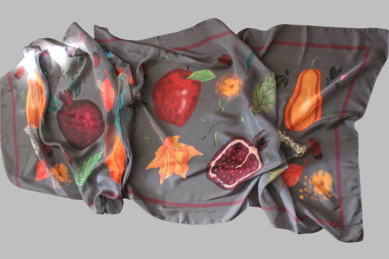 24-70 in Silk and polyester blend Fall large soft chiffon wrap scarf with fruits and leaves
