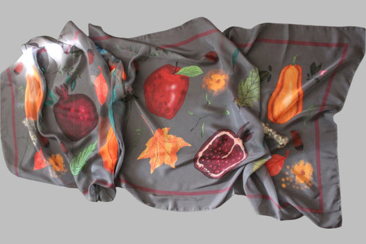 24-70 in Silk and polyester blend Fall large soft chiffon wrap scarf with fruits and leaves