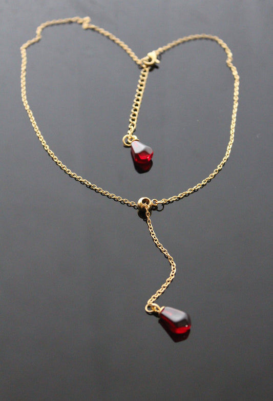 14K gold plated stainless steel Pomegranate seed Y shape necklace and threader earrings