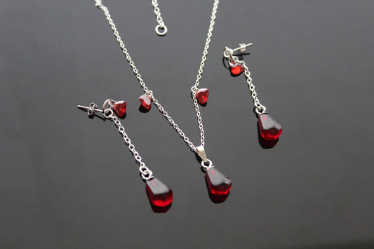 925 sterling silver pomegranate seeds jewelry set with Swarovski heart crystals and glass beads