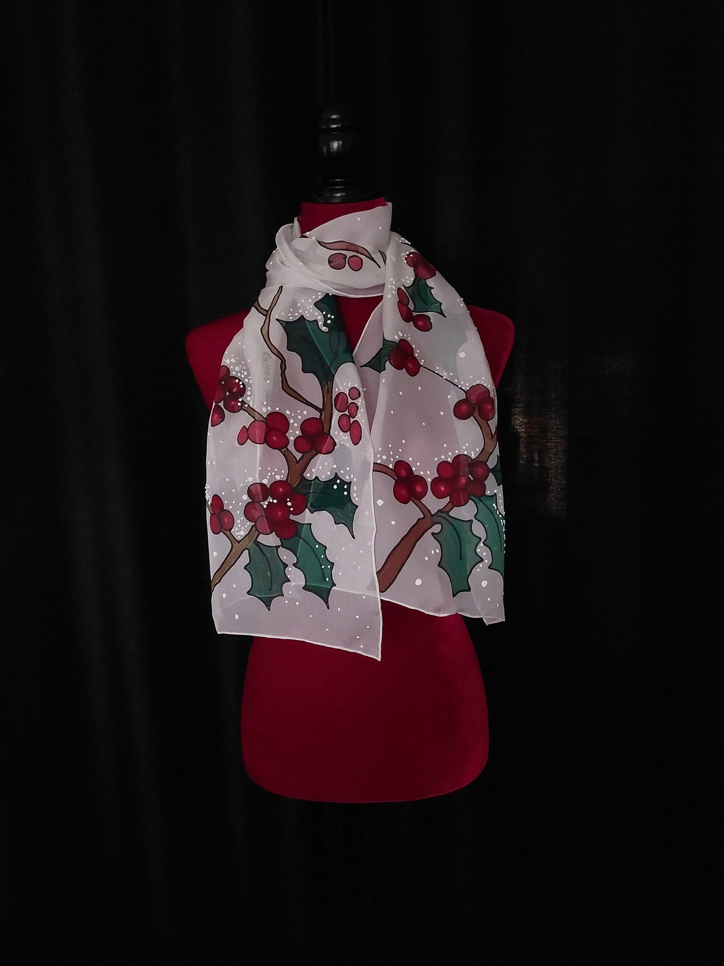 Hand painted Winter scarf, Snowball Winter Bird scarf