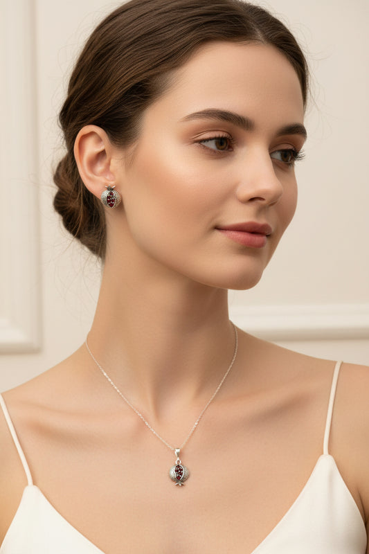 925 sterling silver small delicate pomegranate earrings and necklace