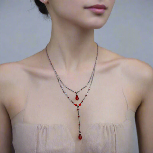 Handmade pomegranate jewelry set  with black chain and glass beads