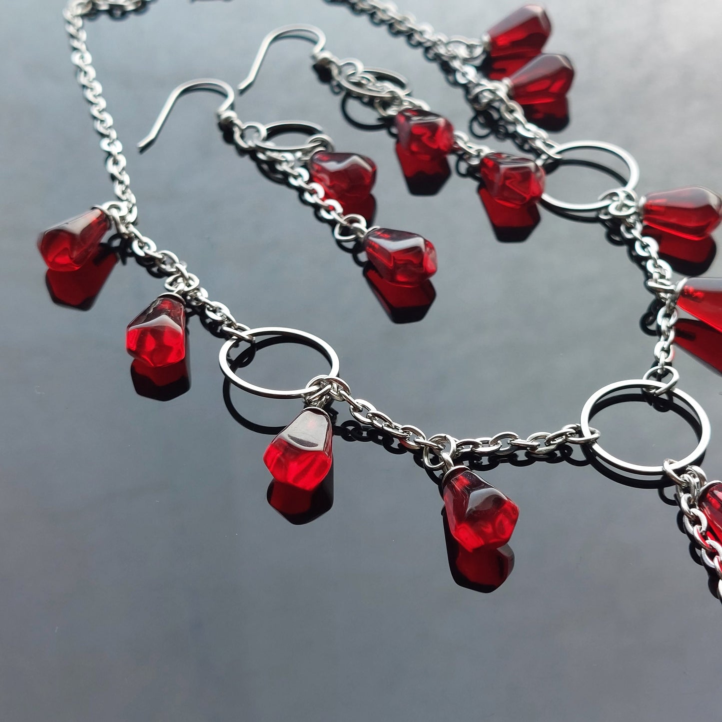 Handmade pomegranate jewelry set silver plated stainless steel with glass beads