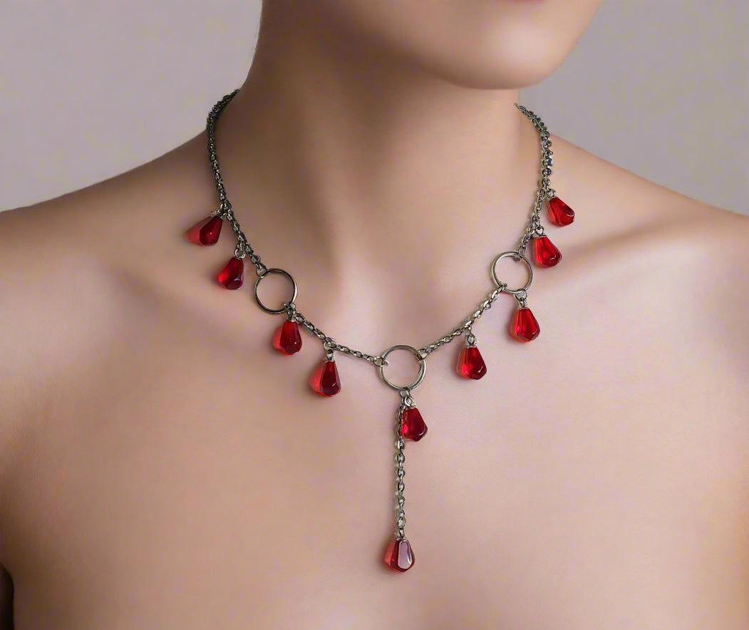 Handmade pomegranate jewelry set silver plated stainless steel with glass beads