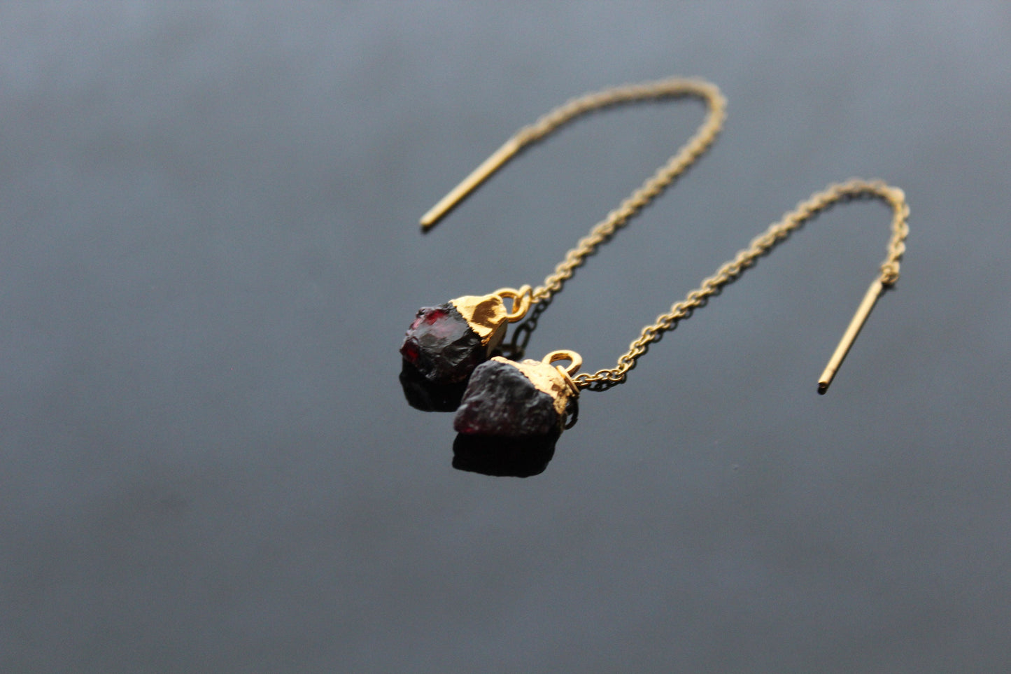 Natural raw garnet 24K gold electroplating threader earrings
