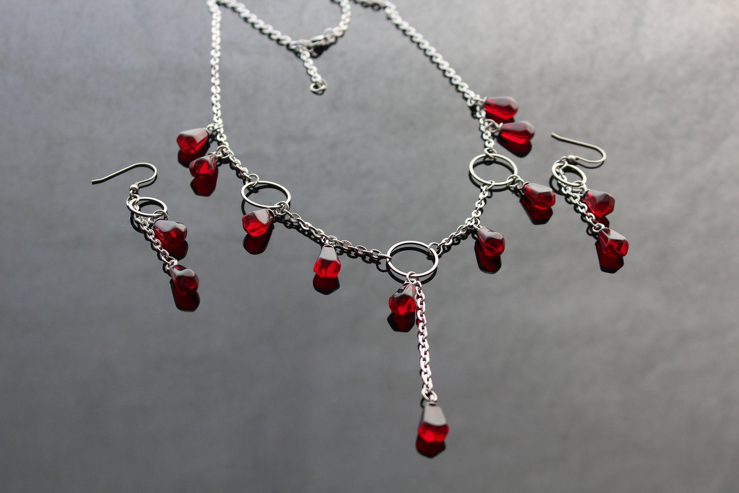 Handmade pomegranate jewelry set silver plated stainless steel with glass beads