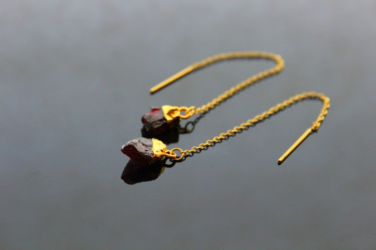 Natural raw garnet 24K gold electroplating threader earrings