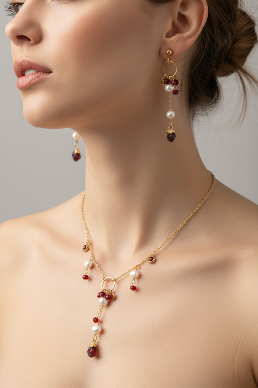 Handmade natural raw garnet  and natural pearl jewelry set with glass and stainless steel parts