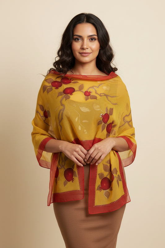 Yellow gold red hand painted silk scarf, Armenian letters, Gift for her