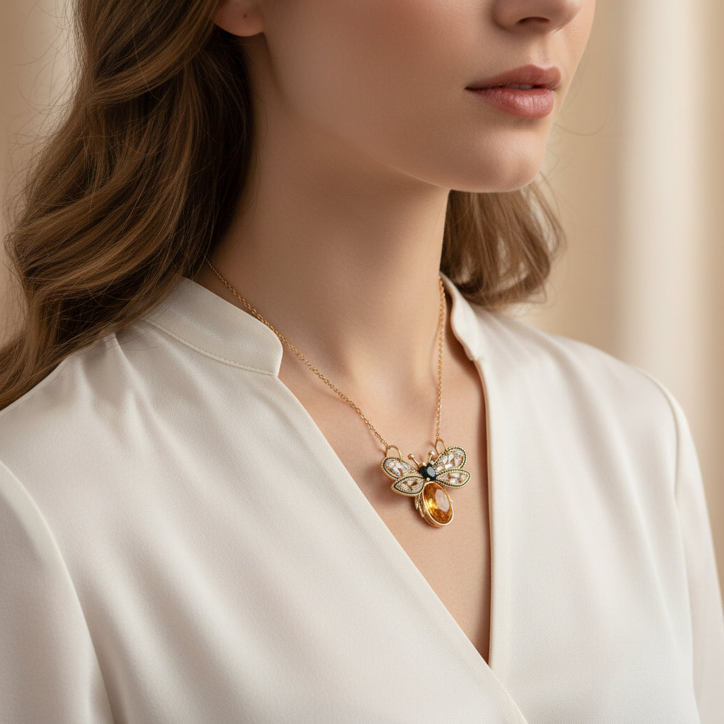 Gold plated bee pendant with natural onyx and crystals