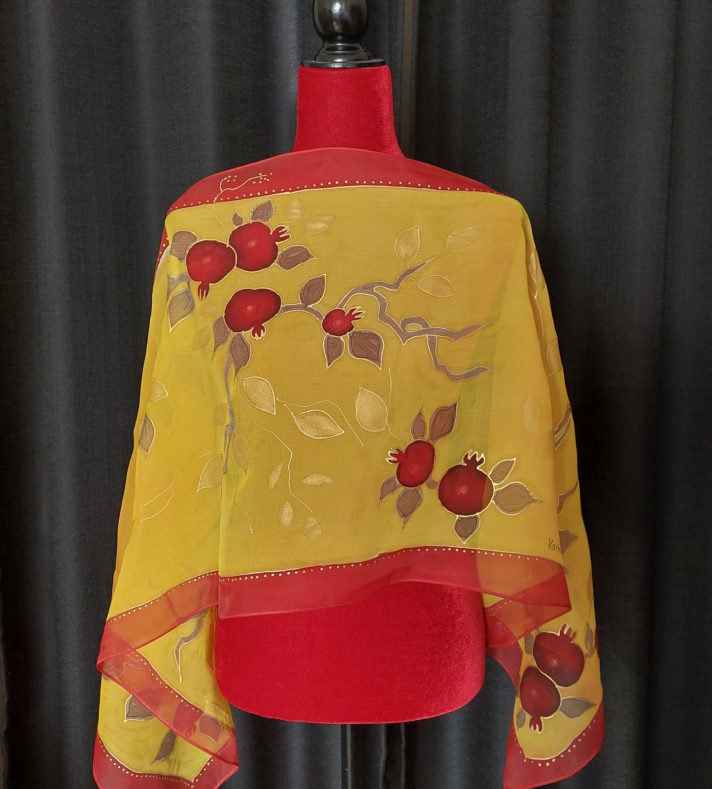 Yellow gold red hand painted silk scarf, Armenian letters, Gift for her