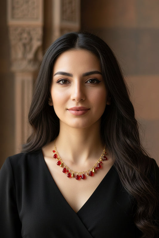 Handmade pomegranate seeds 18K gold plated stainless steel jewelry set with resin charms. Glass set only custom order.