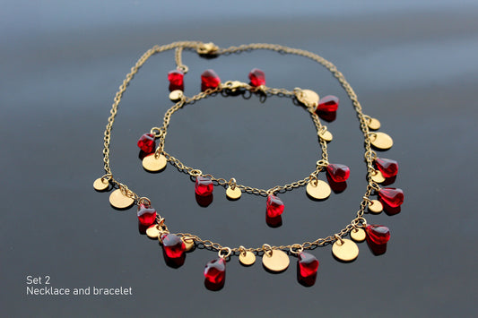 Glass handmade pomegranate seeds 18K gold plated stainless steel jewelry set